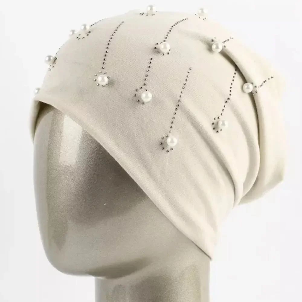 Beige Jersey Beanie Rhinestones and Pearls Accents - NWT